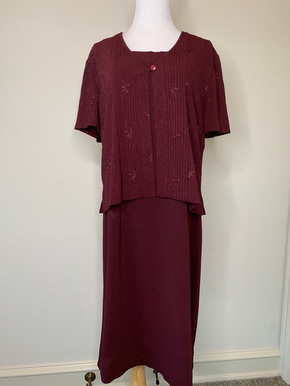 Sag Harbor Burgundy Shift Dress w Short Sleeve Cover Up Sz 14